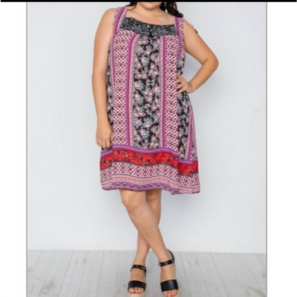 🆕 Plus Size Boho Mix Print Sleeveless Dress 1X